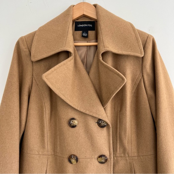 LONDON FOG Beige Tan Wool Blend Double Breasted Long Sleeve Pea Coat Jacket Sz L - Picture 2 of 15
